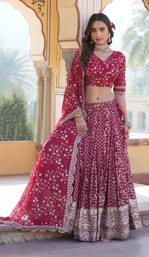 Viscose Embroidery Work Traditional Wear Lehenga Choli In Rani Pink – 9400187070