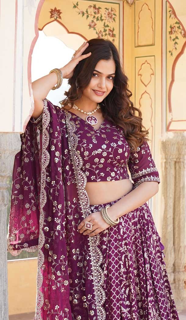 Viscose Embroidery Work Traditional Wear Lehenga Choli In Wine – 9400187071