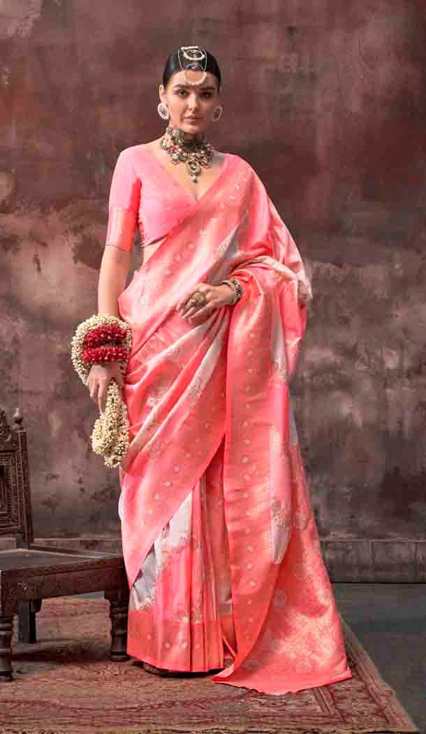 Peach Rangkat Silk Weaving Work Traditional Party Wear Saree – 145499427