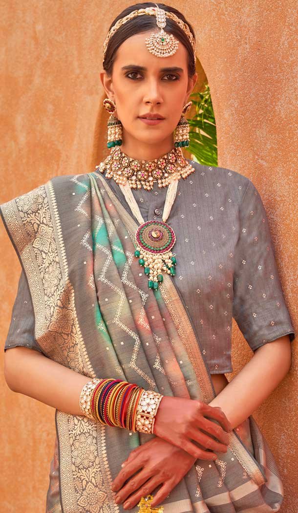 Silk Printed Party Wear Designer Saree In Grey – 146009717