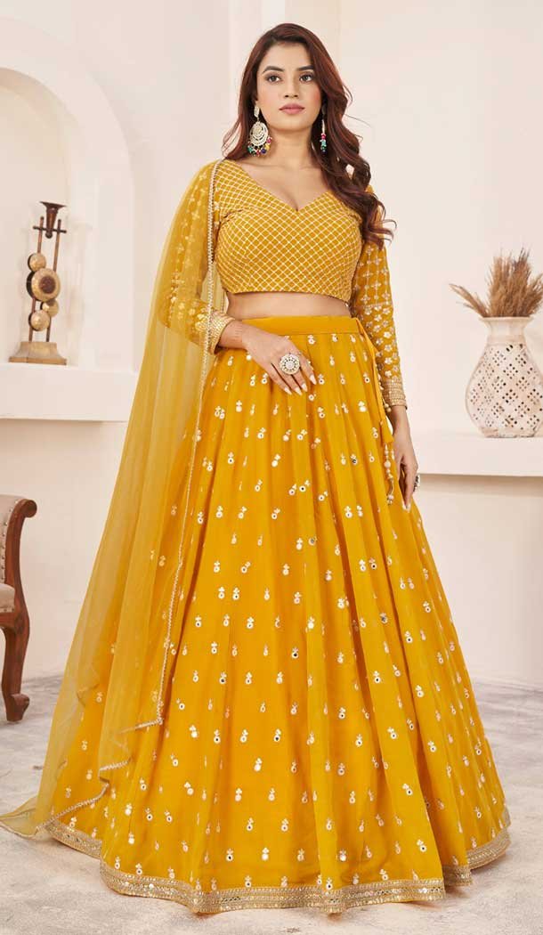 Georgette Embroidery Work Party Wear Lehenga Choli In Yellow – 9426187210