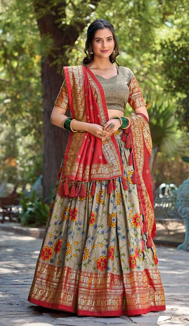 Grey Tussar Silk Foil Print Work Traditional Wear Lehenga Choli – 9445187296