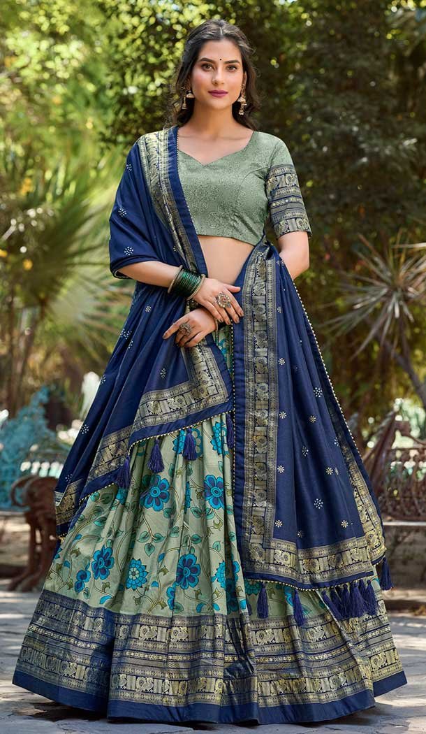 Sea Green Tussar Silk Foil Print Work Traditional Wear Lehenga Choli – 9445187299