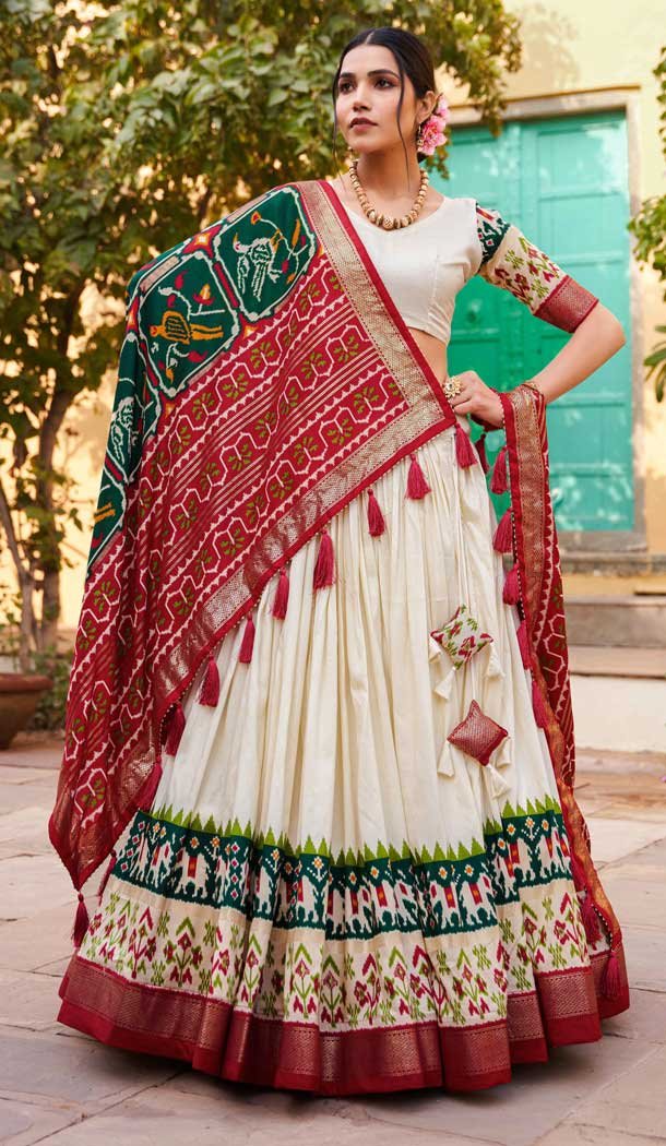 Green And White Tussar Silk Foil Print Work Navratri Chaniya Choli -9457187354