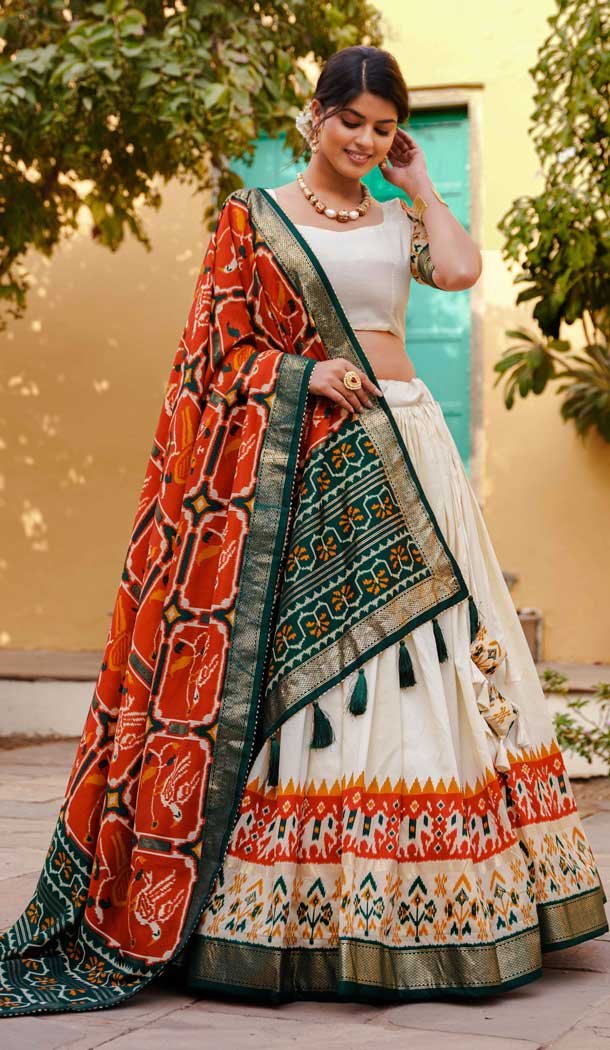 Orange And White Tussar Silk Foil Print Work Navratri Chaniya Choli -9457187356