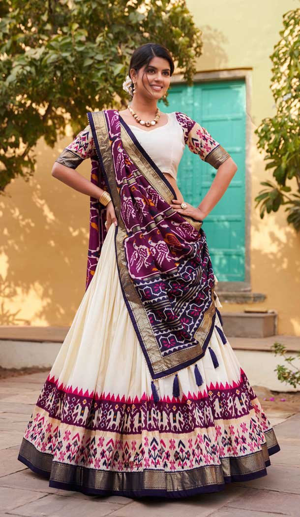 Purple And White Tussar Silk Foil Print Work Navratri Chaniya Choli -9457187357