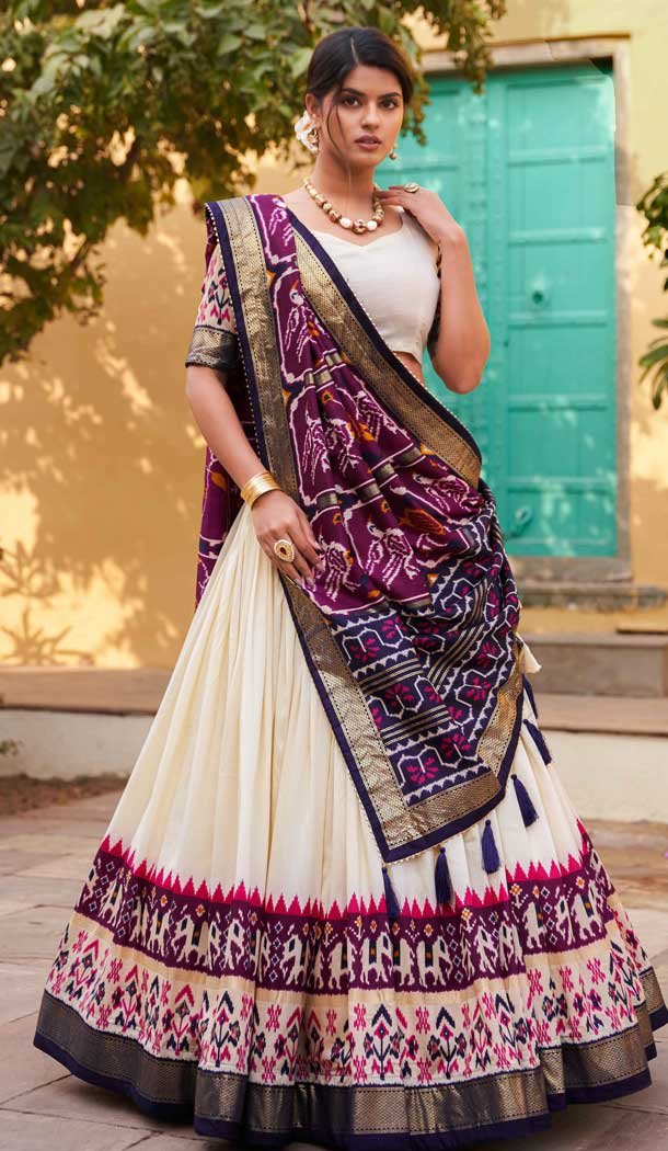 Purple And White Tussar Silk Foil Print Work Navratri Chaniya Choli -9457187357