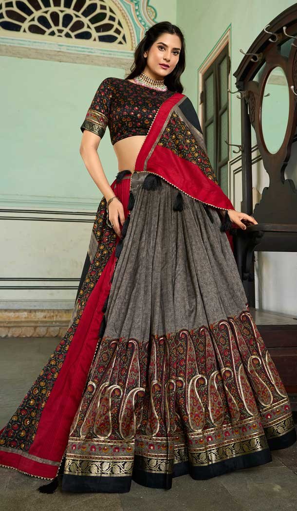 Tussar Silk Foil Print Work Navratri Chaniya Choli In Grey – 9489187544