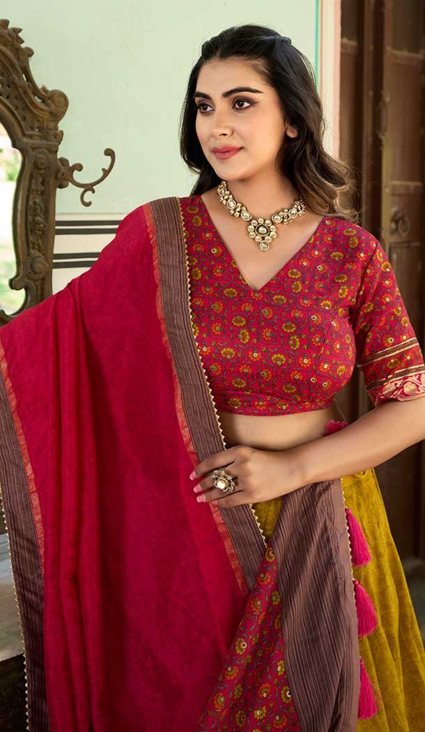 Tussar Silk Foil Print Work Navratri Chaniya Choli In Mustard – 9489187545