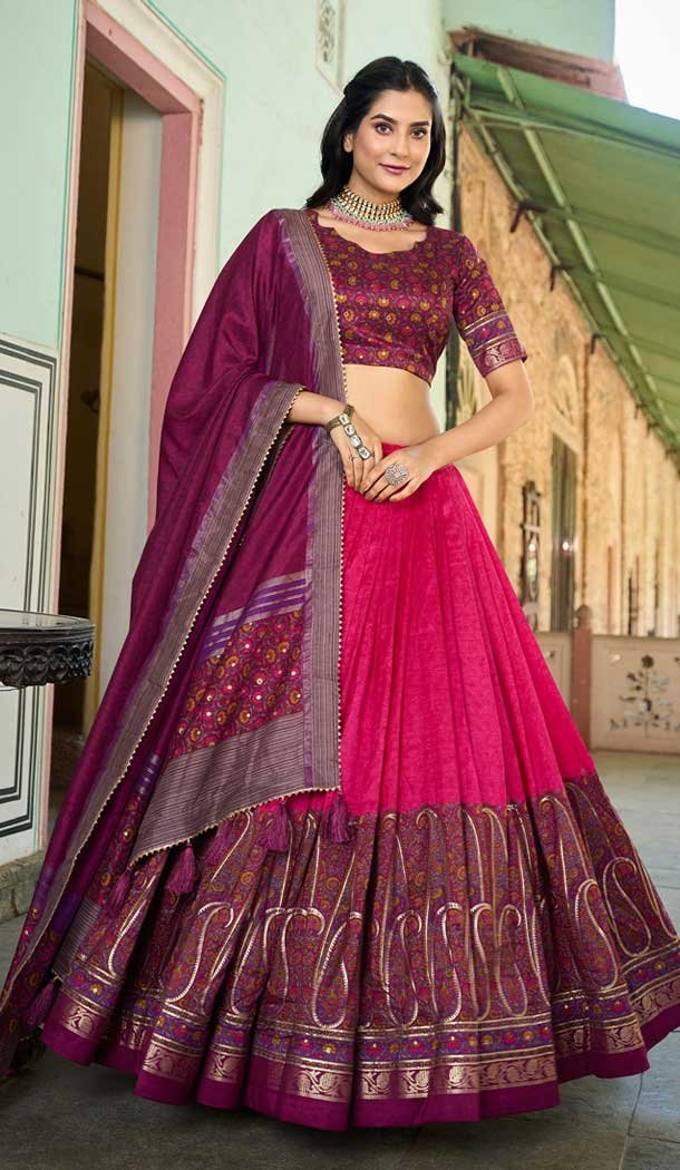 Tussar Silk Foil Print Work Navratri Chaniya Choli In Pink – 9489187547