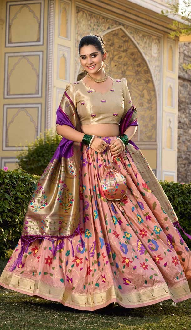 Peach Jacquard Silk Zari Work Traditional Wear Lehenga Choli – 9503187632