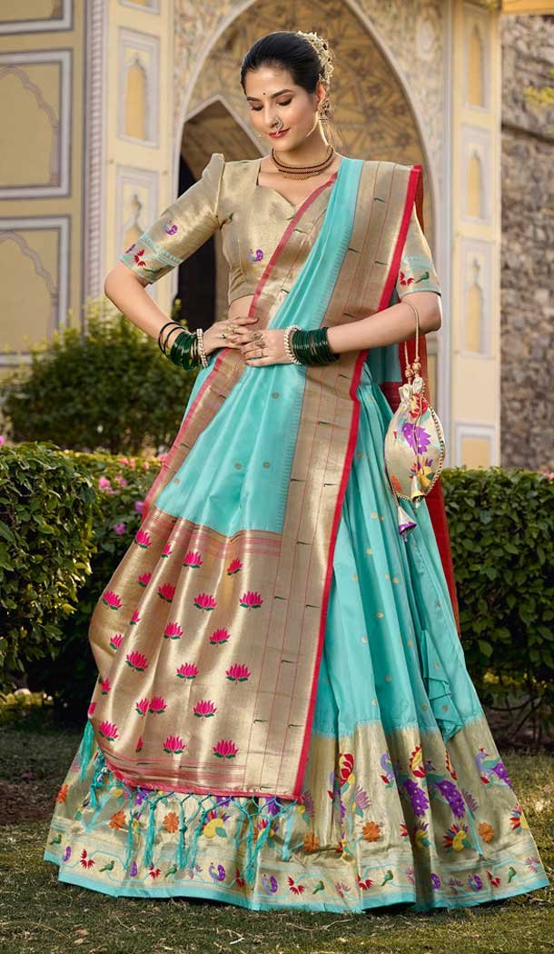 Sky Blue Jacquard Silk Zari Work Traditional Wear Lehenga Choli – 9503187634