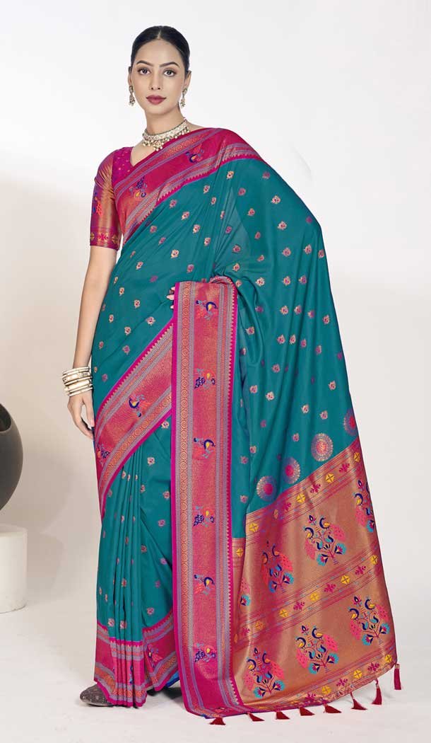 Paithani Silk Weaving Work Traditional Festival Wear Saree In Teal Blue – 9504187637