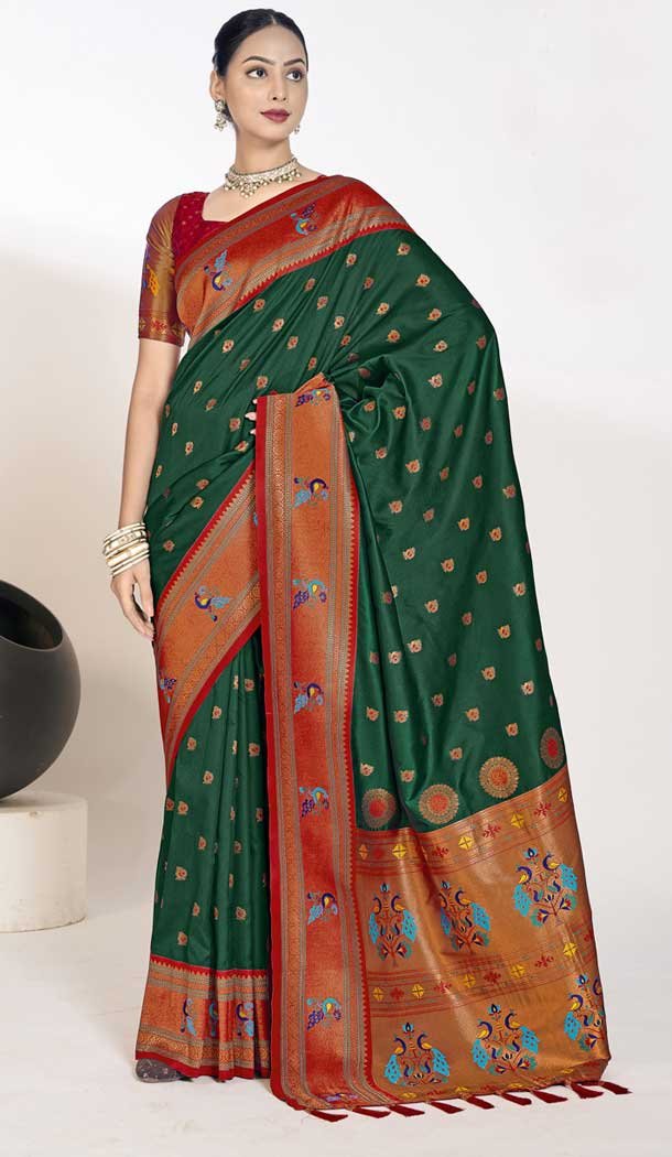 Paithani Silk Weaving Work Traditional Festival Wear Saree In Green – 9504187639