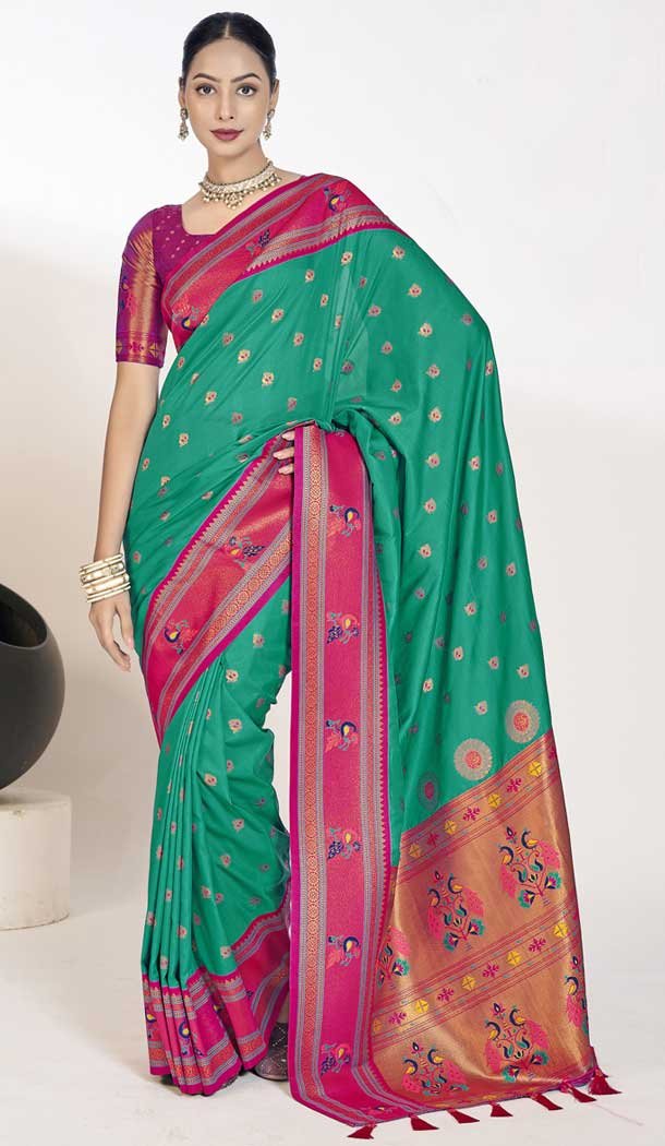 Paithani Silk Weaving Work Traditional Festival Wear Saree In Rama Green – 9504187641