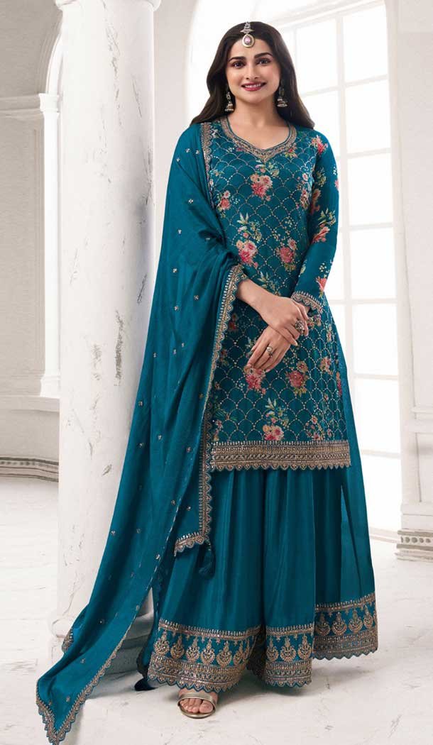 Aqua Blue Chinon Embroidery Work Prachi Desai Sharara Suit -9510187690