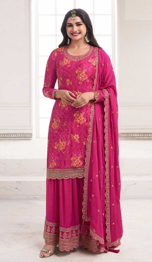 Pink Chinon Embroidery Work Prachi Desai Sharara Suit -9510187691