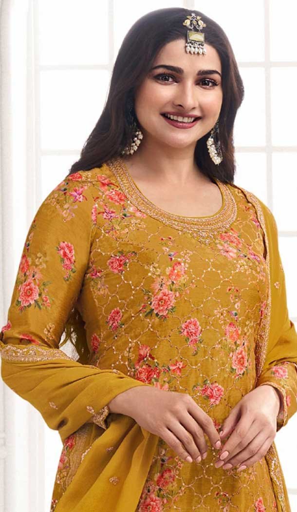 Yellow Chinon Embroidery Work Prachi Desai Sharara Suit -9510187692