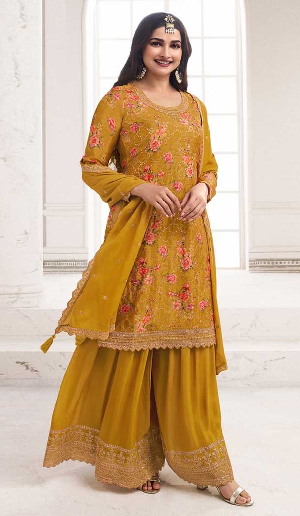 Yellow Chinon Embroidery Work Prachi Desai Sharara Suit -9510187692