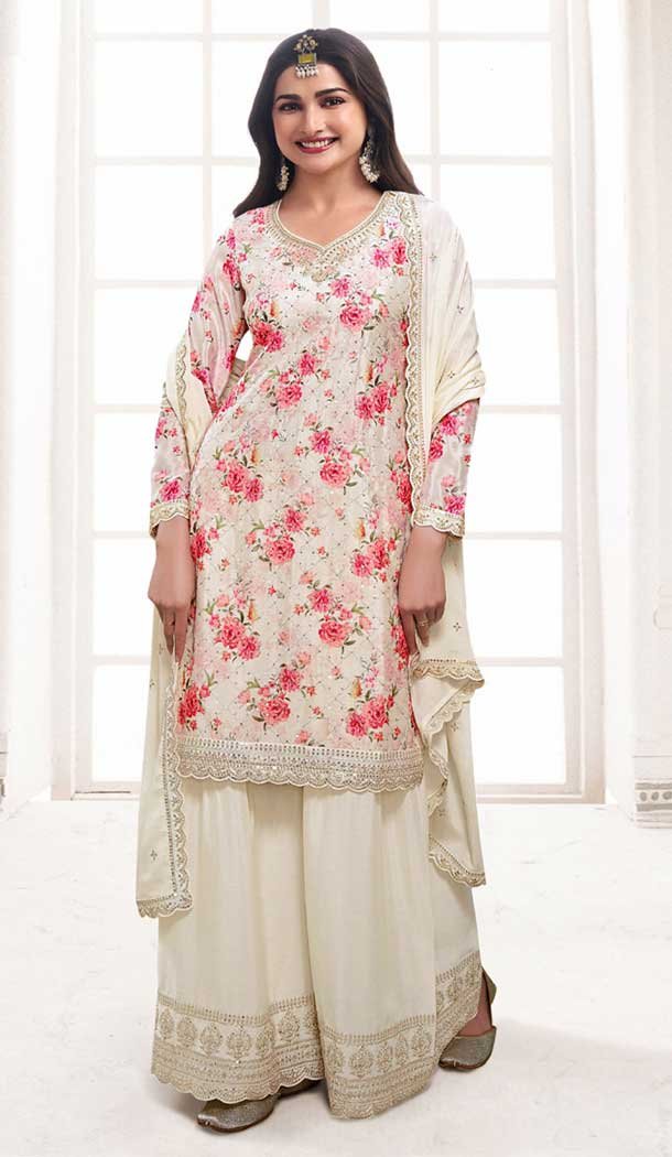 Cream Chinon Embroidery Work Prachi Desai Sharara Suit -9510187693