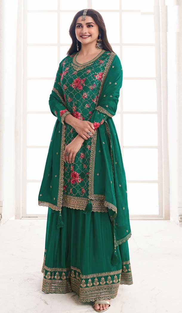 Green Chinon Embroidery Work Prachi Desai Sharara Suit -9510187694