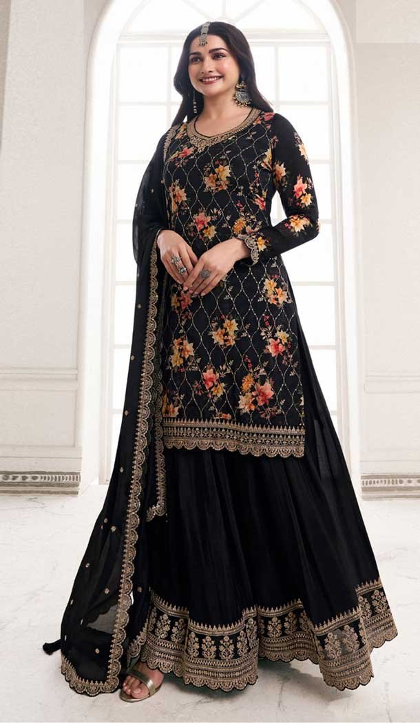 Black Chinon Embroidery Work Prachi Desai Sharara Suit -9510187695