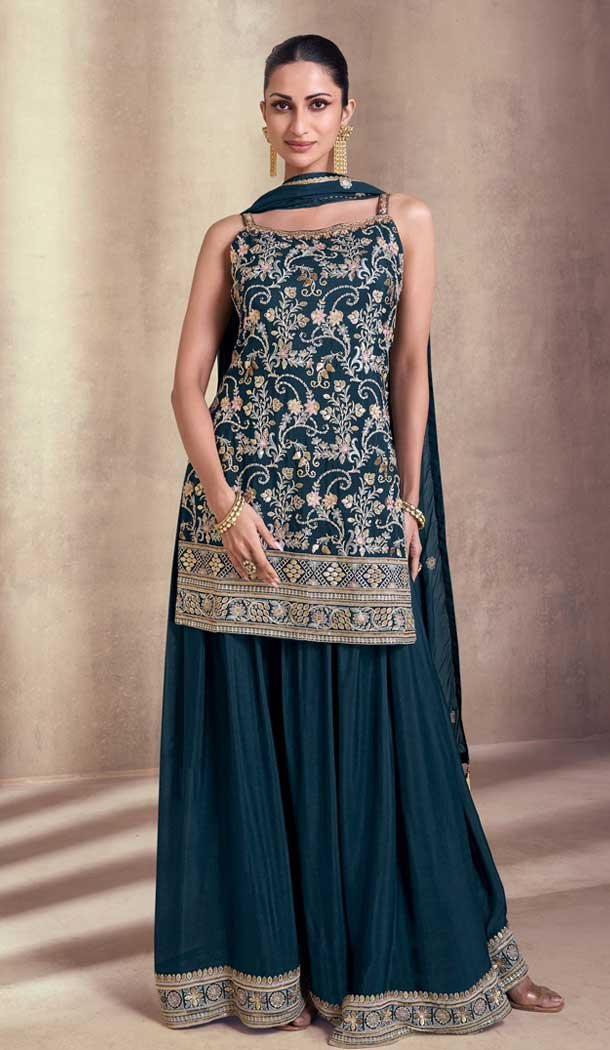 Georgette Embroidery Party Wear Sharara Suit In Rama Blue Color – 9512187702