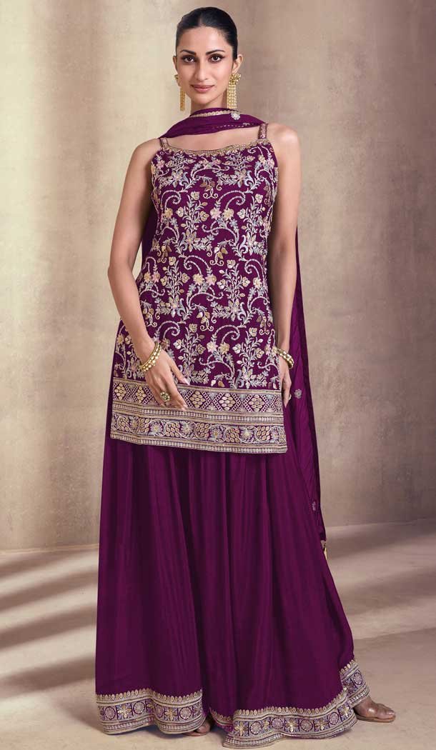 Georgette Embroidery Party Wear Sharara Suit In Purple – 9512187703