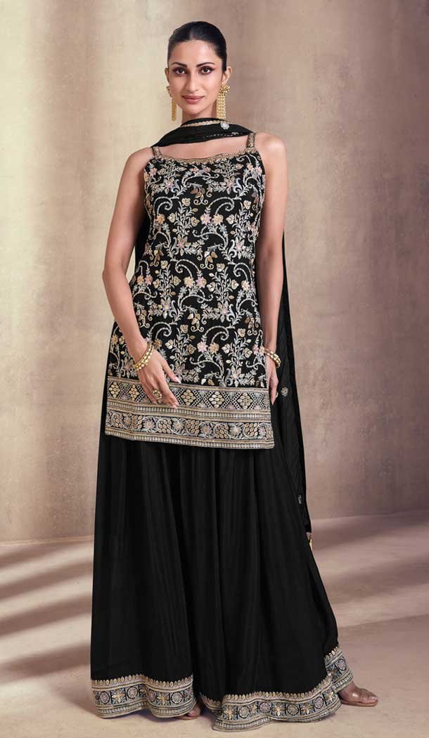 Georgette Embroidery Party Wear Sharara Suit In Black – 9512187705