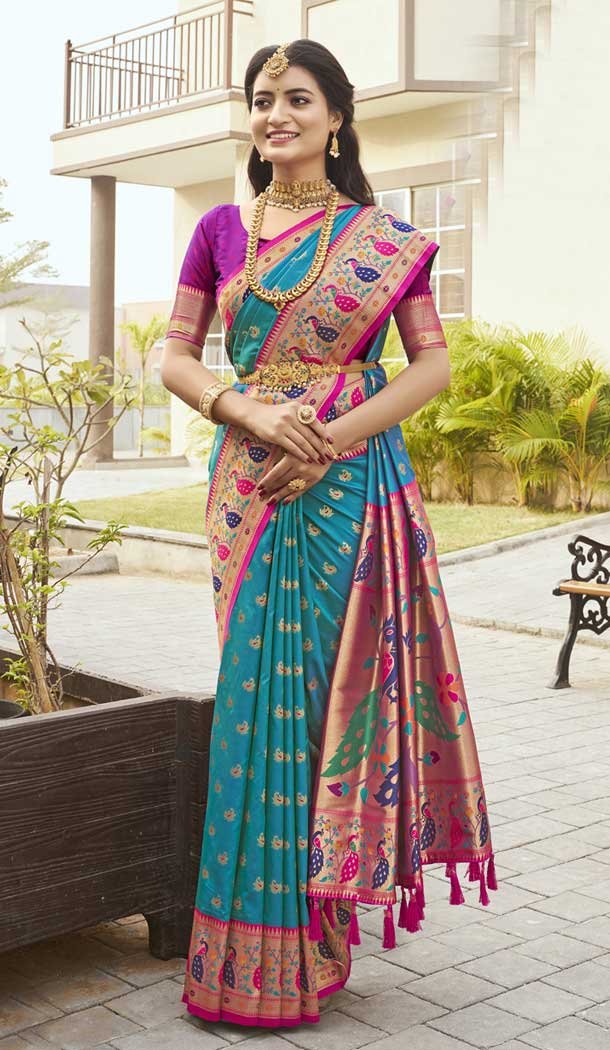 Paithani Silk Jacquard Work Traditional Wear Saree In Sky Green – 9539187928