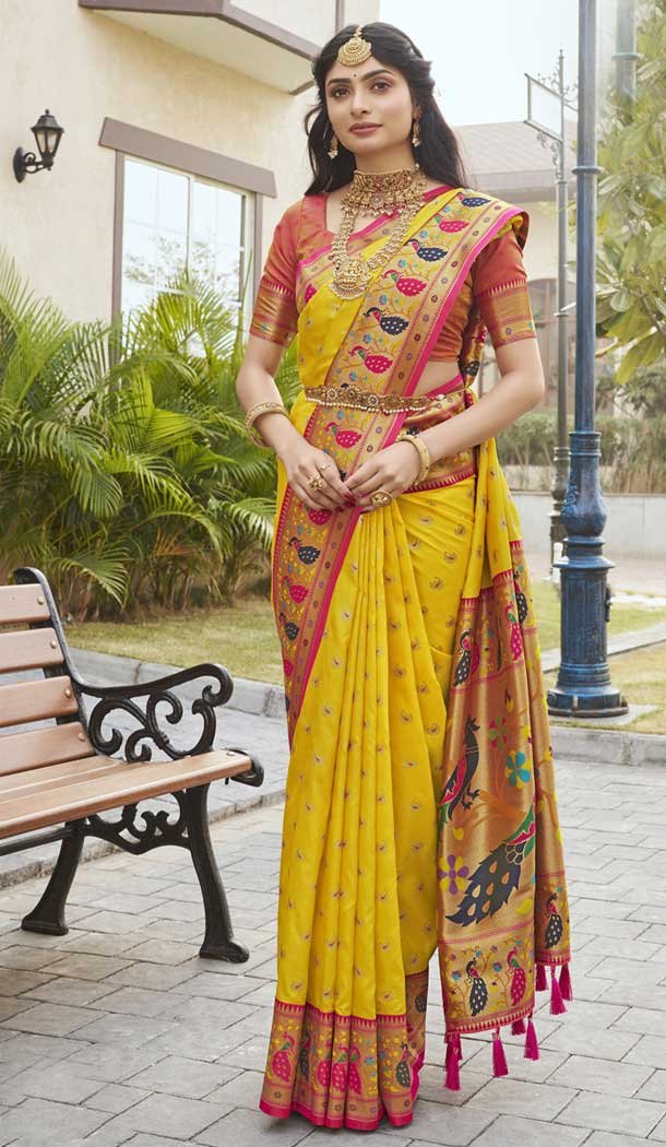 Paithani Silk Jacquard Work Traditional Wear Saree In Yellow – 9539187929