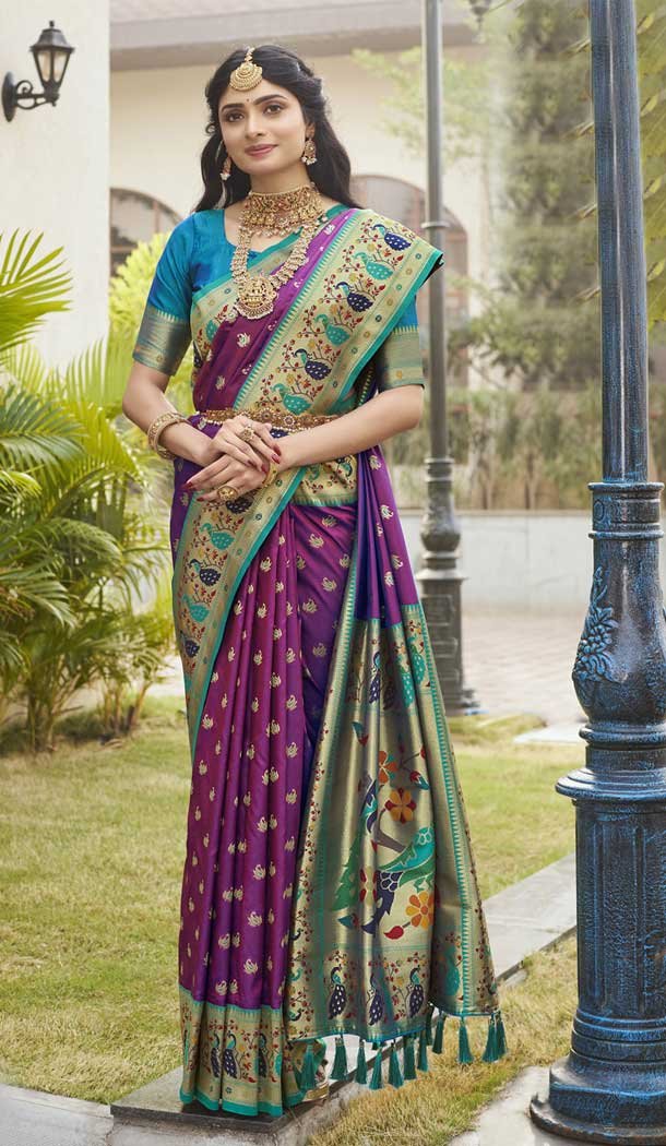 Paithani Silk Jacquard Work Traditional Wear Saree In Violet – 9539187930