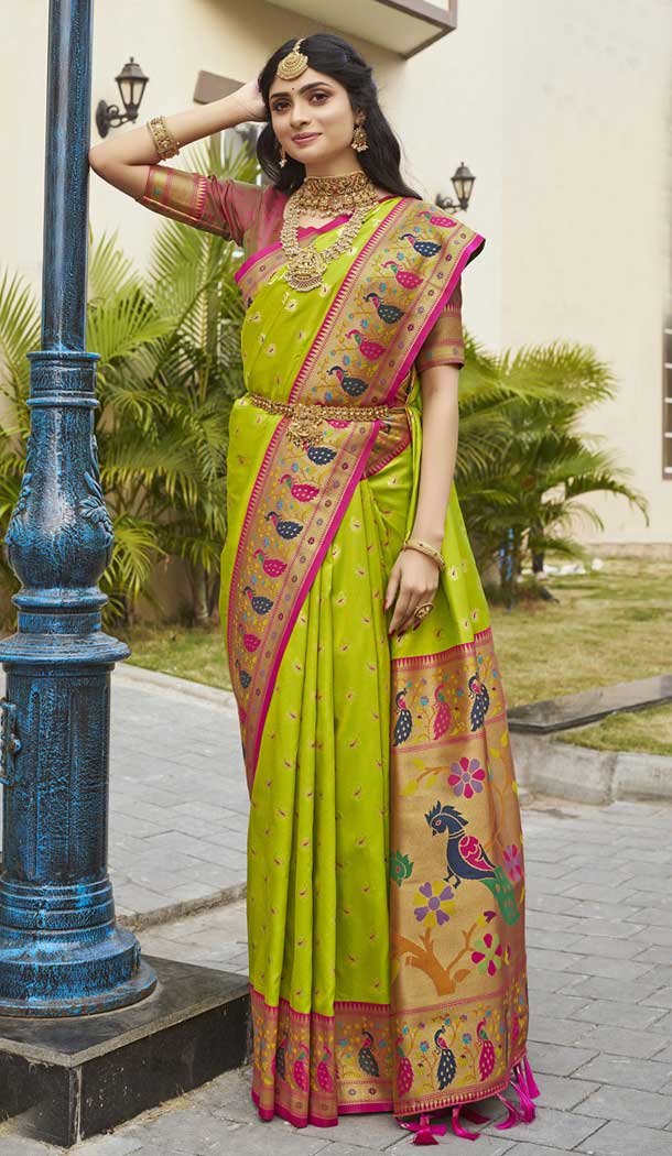 Paithani Silk Jacquard Work Traditional Wear Saree In Lime Green – 9539187931