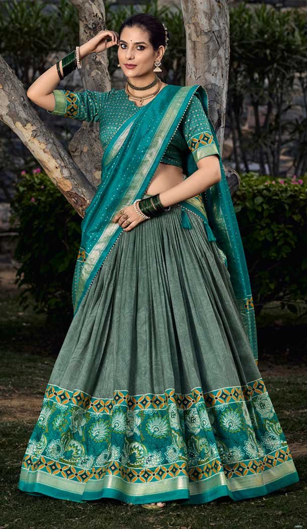 Green Tussar Silk Foil Print Work Traditional Lehenga Choli – 9546187969