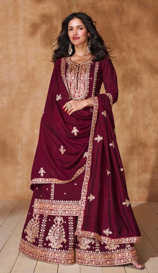 Red Silk Embroidery Work Party Wear Palazzo Salwar Suit – 9569188086