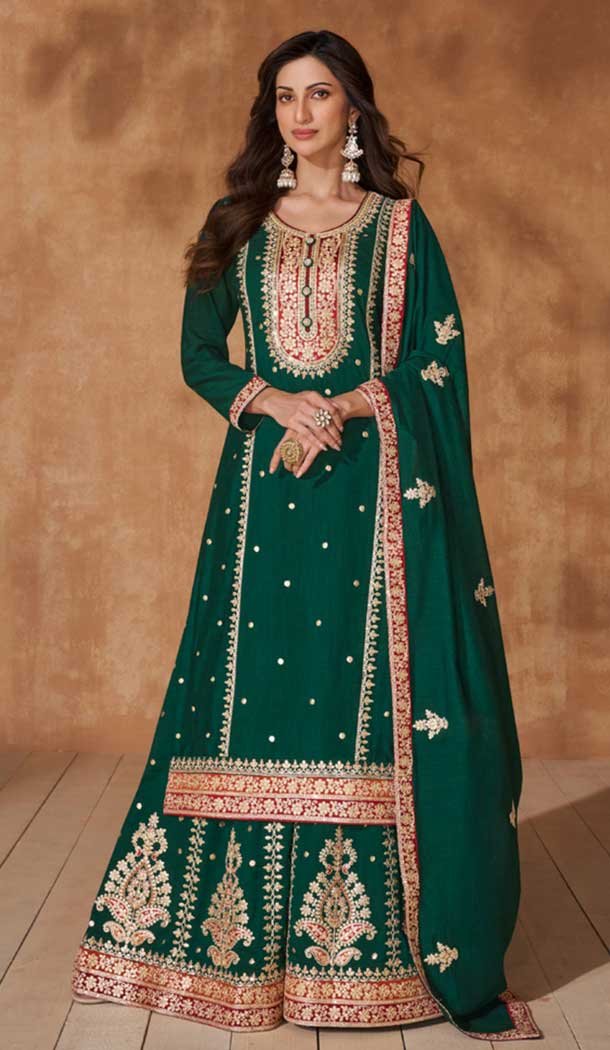 Green Silk Embroidery Work Party Wear Palazzo Salwar Suit – 9569188087