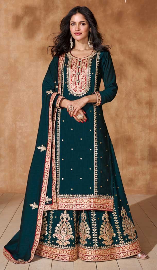 Teal Green Silk Embroidery Work Party Wear Palazzo Salwar Suit – 9569188088