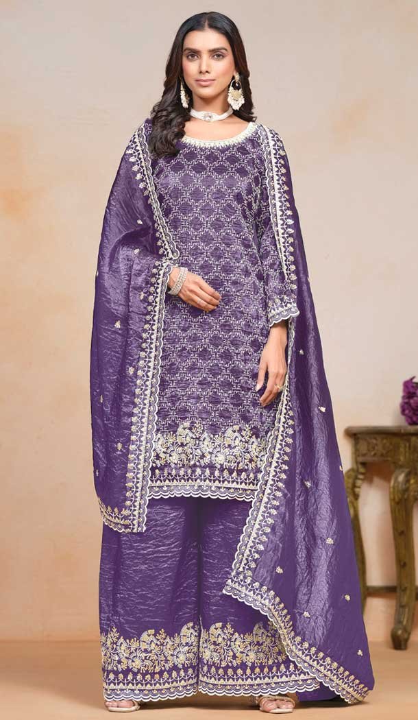 Purple Gold Crush Embroidered Party Wear Palazzo Salwar Suit – 147501632