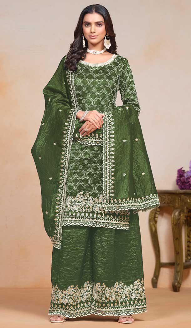 Green Gold Crush Embroidered Party Wear Palazzo Salwar Suit – 147501634