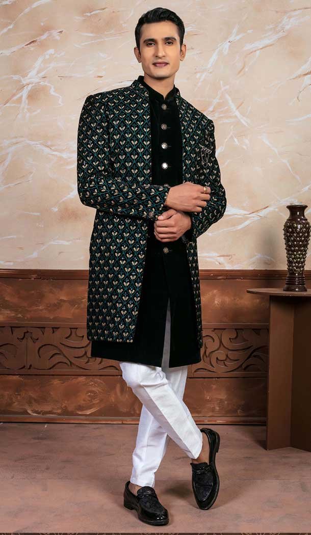 Black Velvet Embroidered Designer Readymade Men’s Indo Western – 9278186508