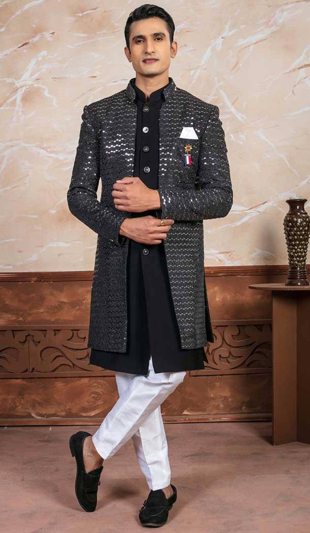 Black Rayon Embroidered Designer Readymade Men’s Indo Western – 9278186509