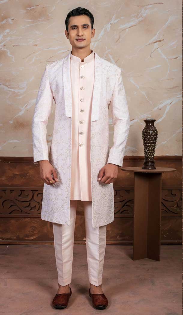 Peach Silk Embroidered Designer Readymade Men’s Indo Western – 9278186510