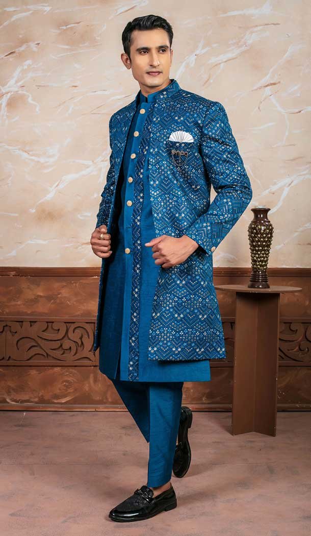 Peacock Rama Silk Embroidered Designer Readymade Men’s Indo Western – 9278186511