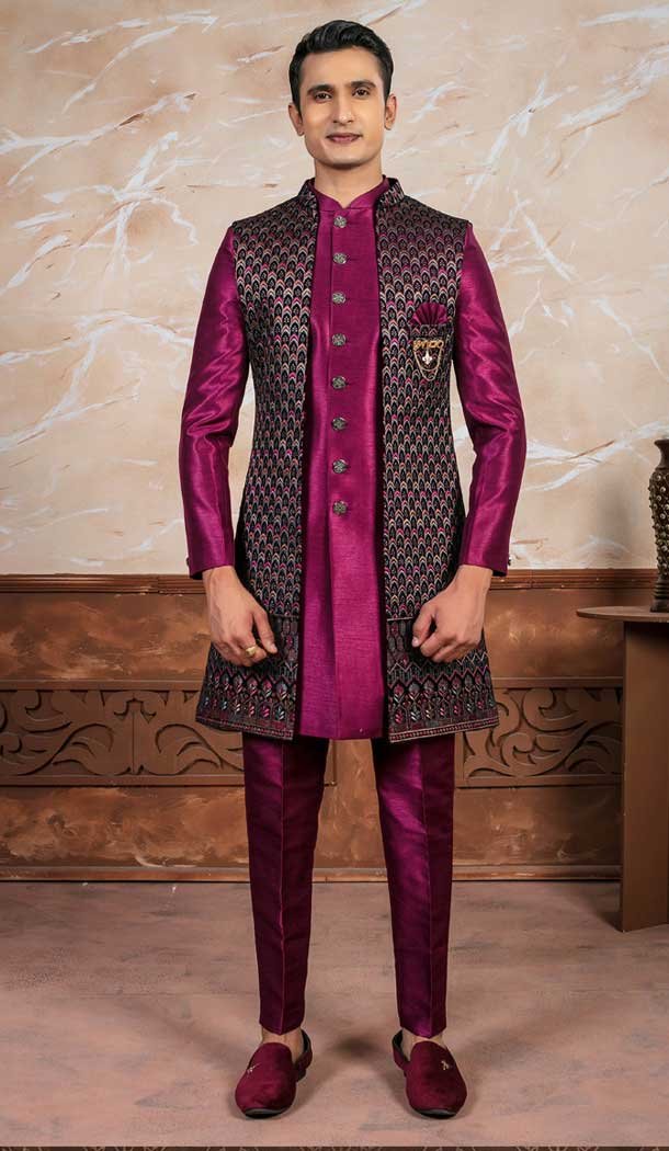 Wine Silk Embroidered Designer Readymade Men’s Indo Western – 9278186512