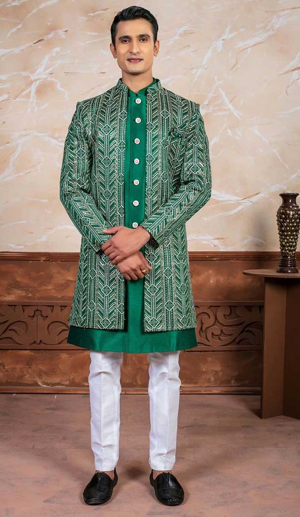 Green Silk Embroidered Designer Readymade Men’s Indo Western – 9278186513