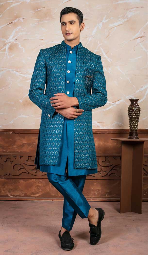 Silk Embroidered Designer Readymade Men’s Indo Western In Peacock Rama – 9278186514