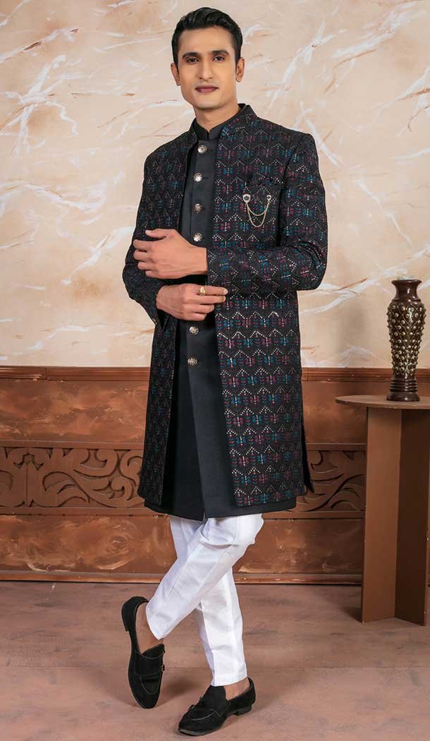 Rayon Embroidered Designer Readymade Men’s Indo Western in Black – 9278186515