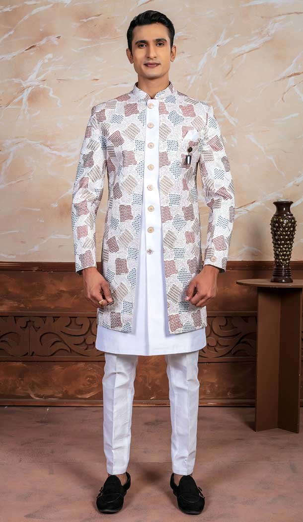 Off White Silk Embroidery Designer Readymade Mens Indo Western – 9279186516