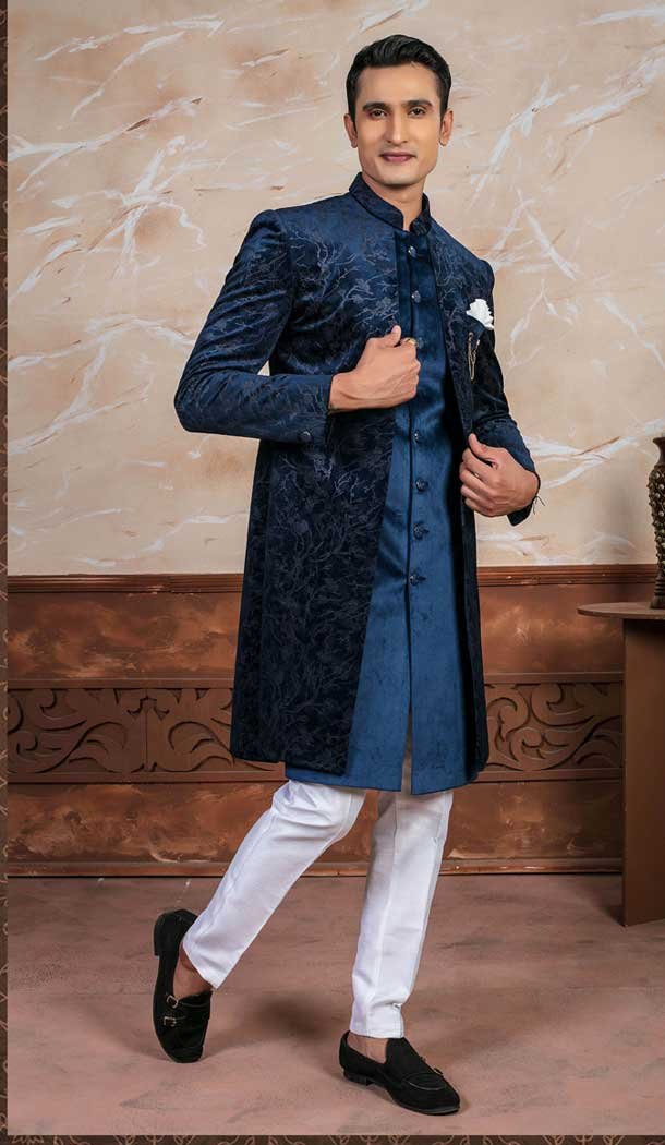 Blue Velvet Embroidery Designer Readymade Mens Indo Western – 9279186517