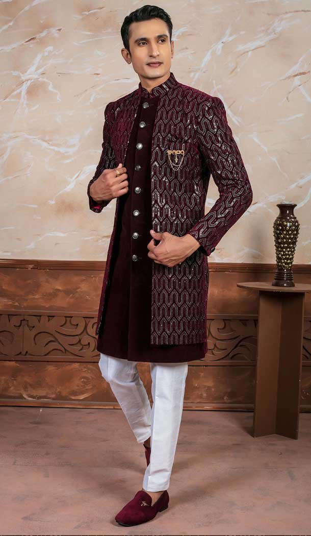 Maroon Velvet Embroidery Designer Readymade Mens Indo Western – 9279186518